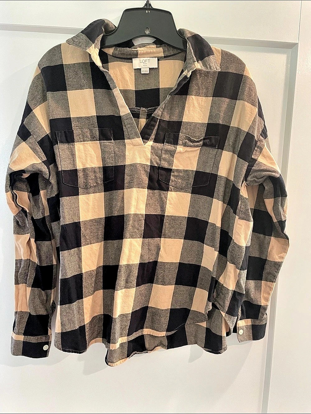 Loft Outlet Checkered Button-Down Shirt Black & Cream Medium